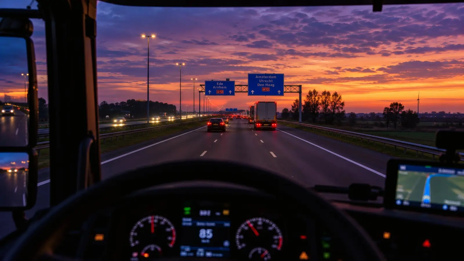 Zicht vanuit de cabine op de A12 bij zonsondergang