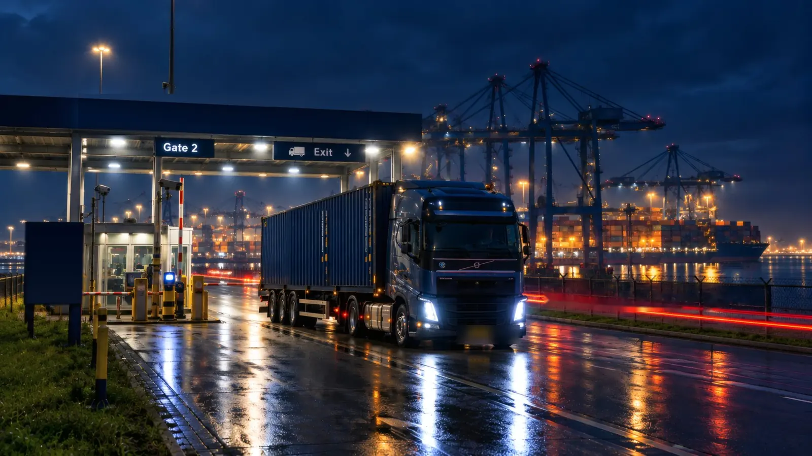 Containertruck bij een terminalgate in Rotterdam bij nacht
