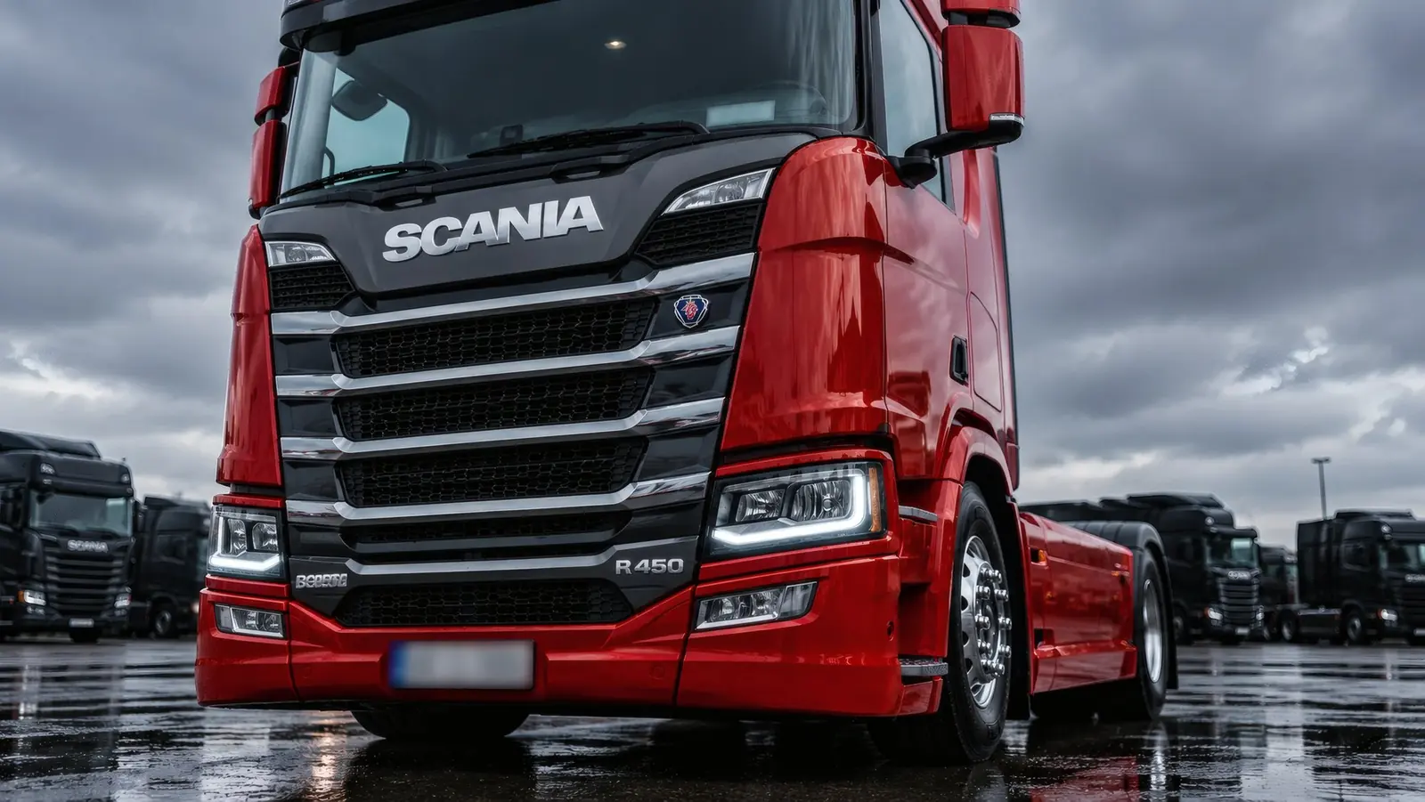 Rode Scania R-serie van dichtbij op een nat terrein