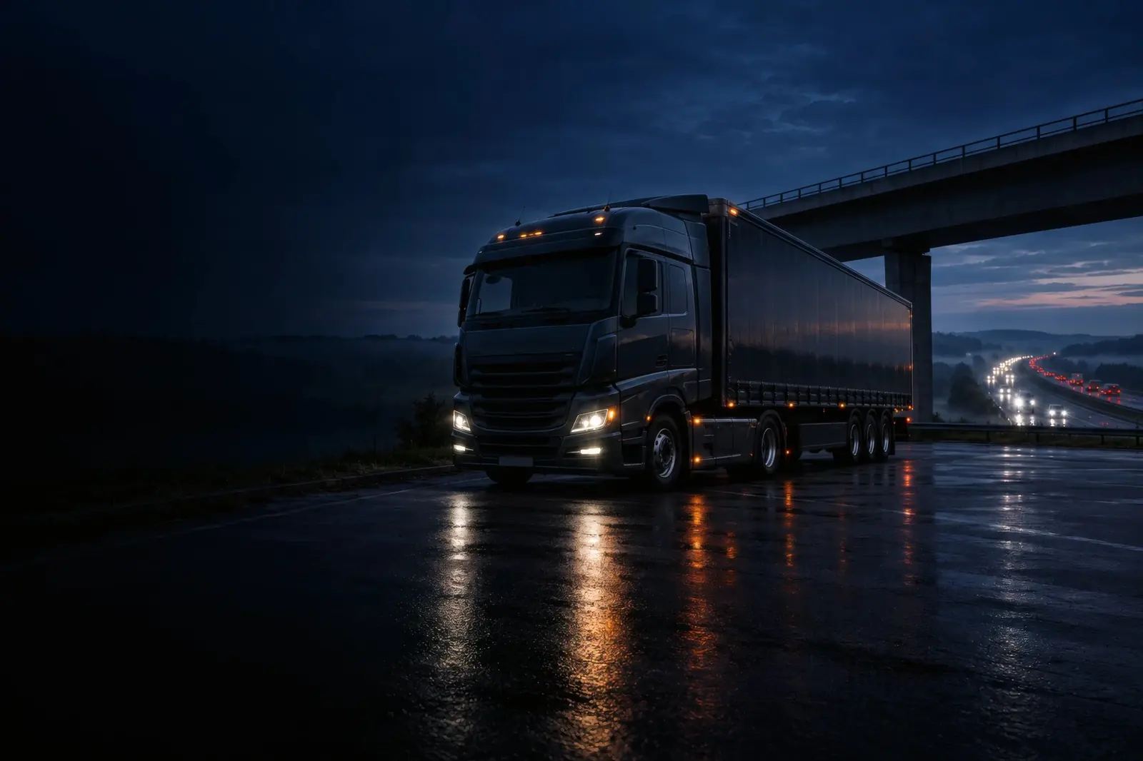 Truck van DM Transport op een parkeerplaats bij nacht, snelwegverkeer op de achtergrond
